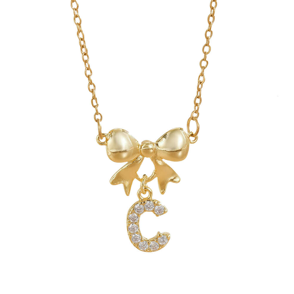 Minimalist 26 Letters Inlaid Zircon Bowknot Necklace For Women, Simple And High-End Titanium Steel Jewelry, Non-Fading B85