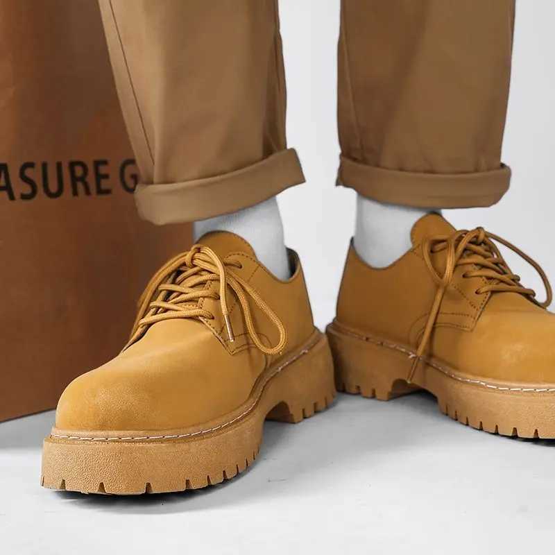 Mens Leather Shoes Black Thick Sole Round Toe Platform Mens Casual Derby Shoe Cowhide Classic Original Legitimate Designer Pu W250716