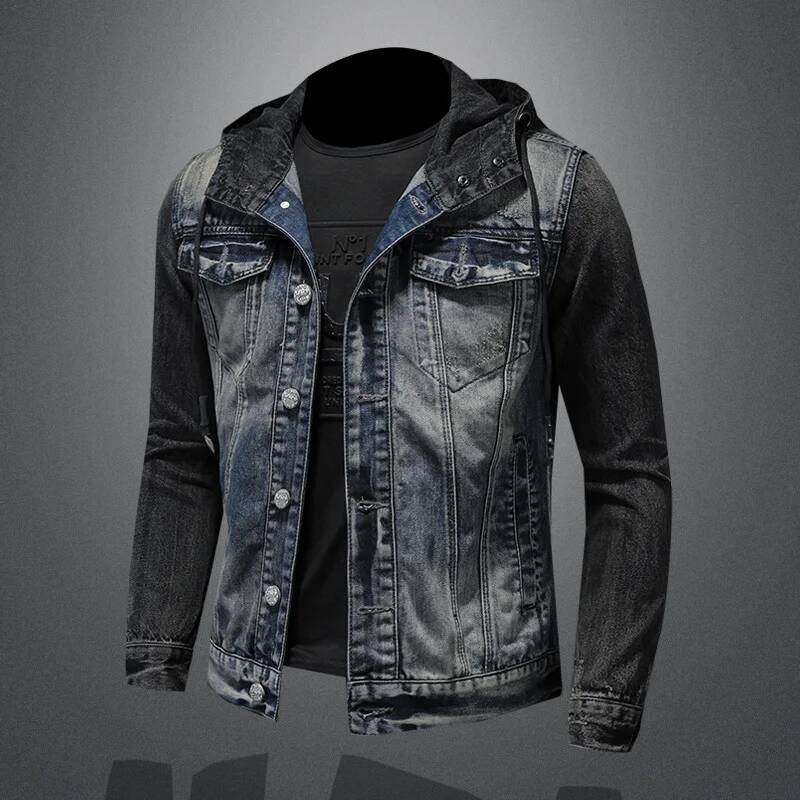 Men Spliced Hooded Washed Denim Jacket Long Sleeve Cardigan Single Breasted Outerwear Loose Coats Pockets High Street Button