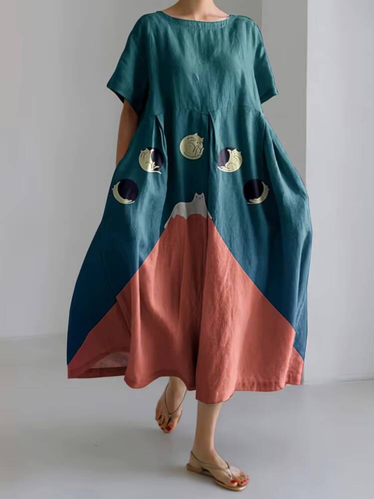 Summer Retro Japanese Womens Casual Short-sleeved Extra-long Fish Print Loose Round Neck High Waist Wide Hem Dress dongdumaoyi