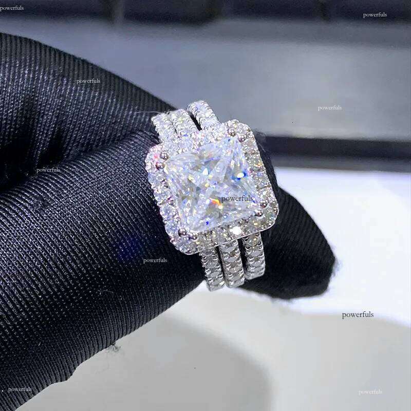 Cadermay sier 3ct square princess cut vvs moissanite halo pave stacking engagement wedding ring set for women