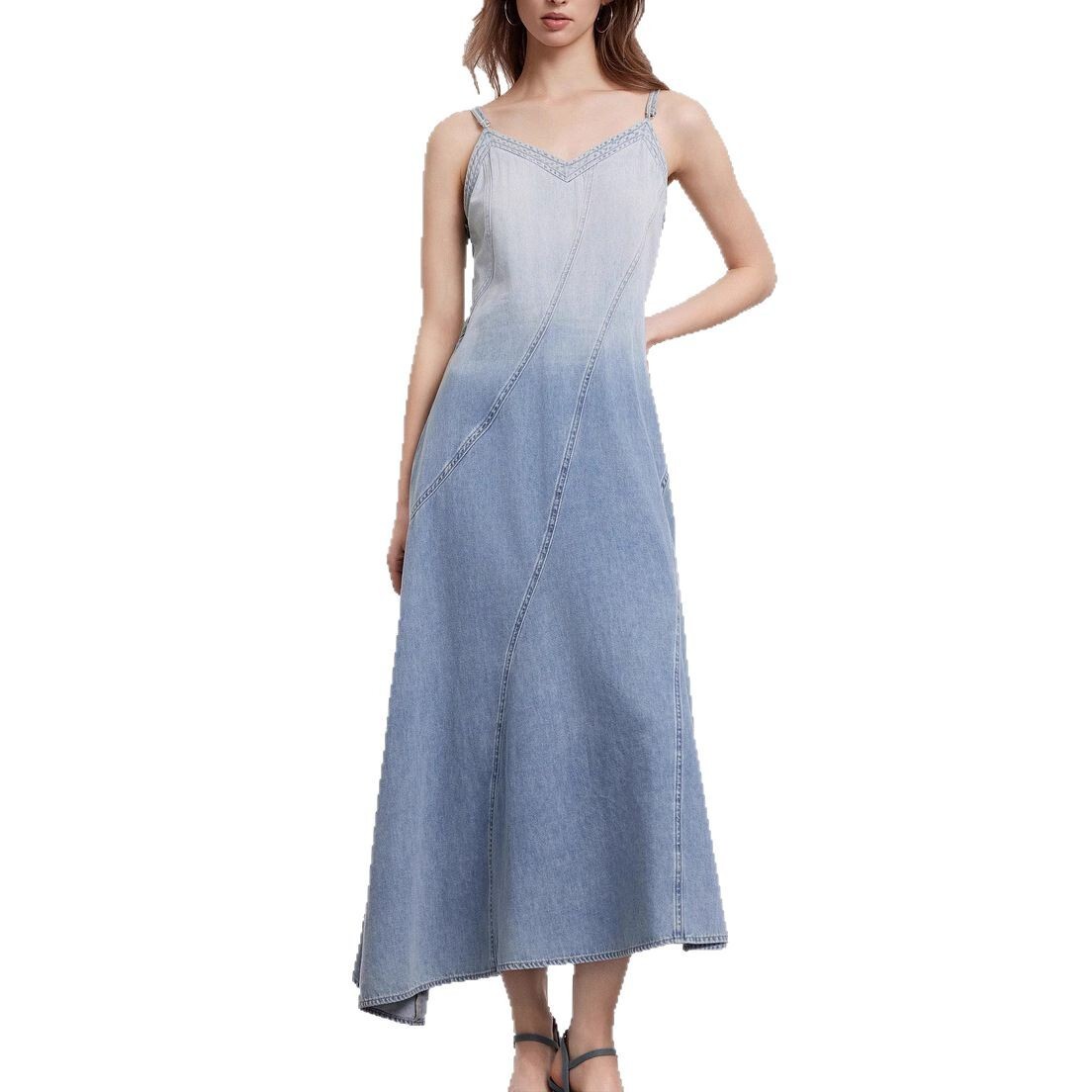 2025 Modern Gradient Denim Strap Dress for Women Summer New Lyocell Tencel Fashionable Elegant