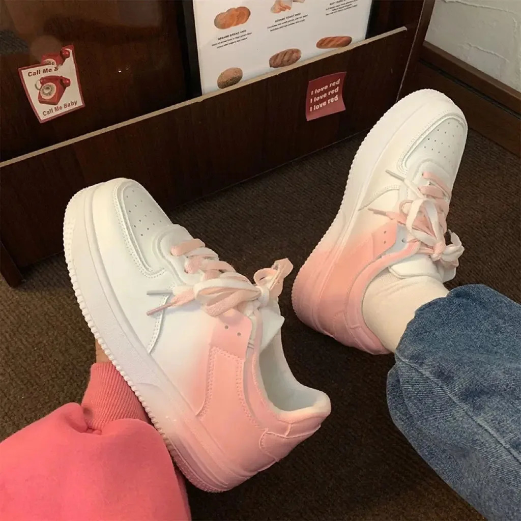 Gradient color flat white shoes for women thick soled lace up board shoes for high school students casual shoes for women 250712