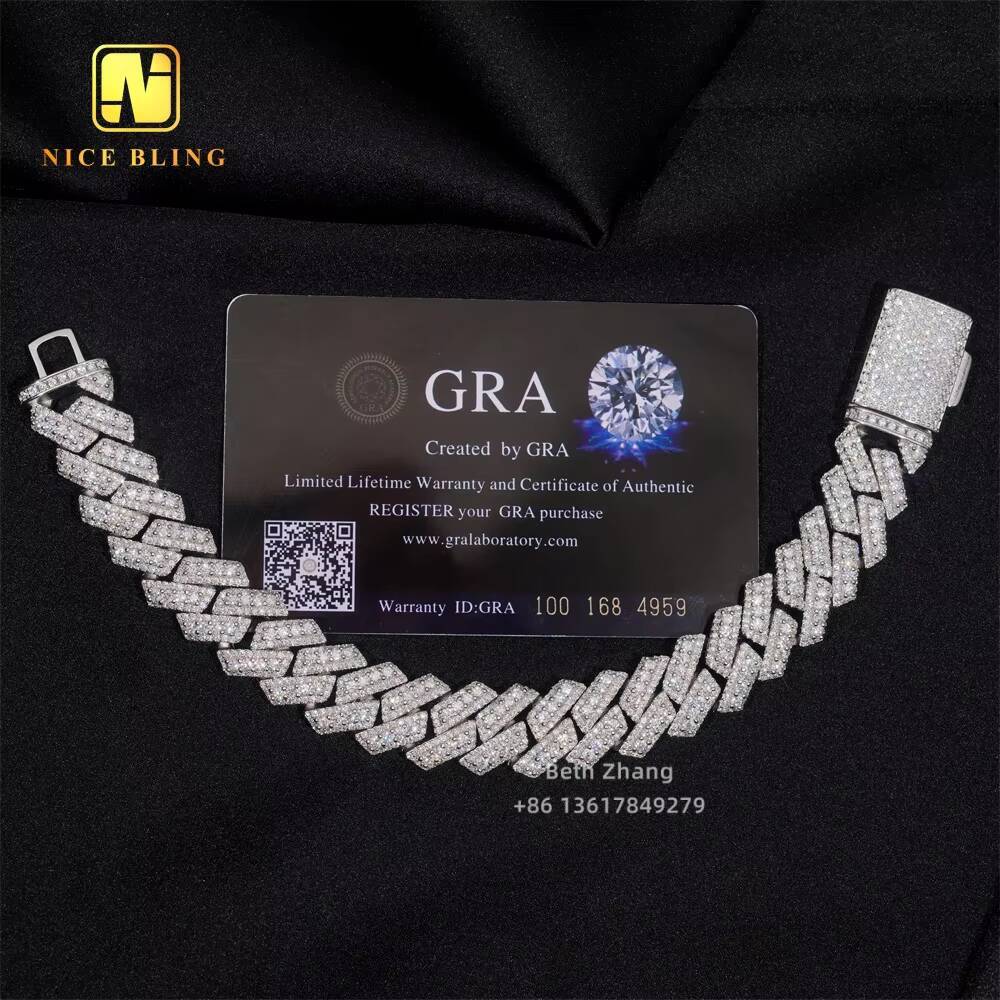 Men Hip Hop Bracelet 925 Silver Iced Out Jewelry VVS Moissanite Cuban Bracelet 3 Rows 15MM Lab Diamond Cuban Link Bracelet