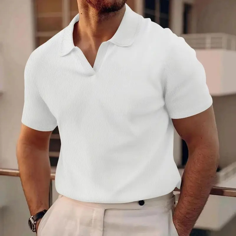 24 cross-border European and American summer polo shirt lapel V-neck waffle short sleeve mens T-shirt 250716