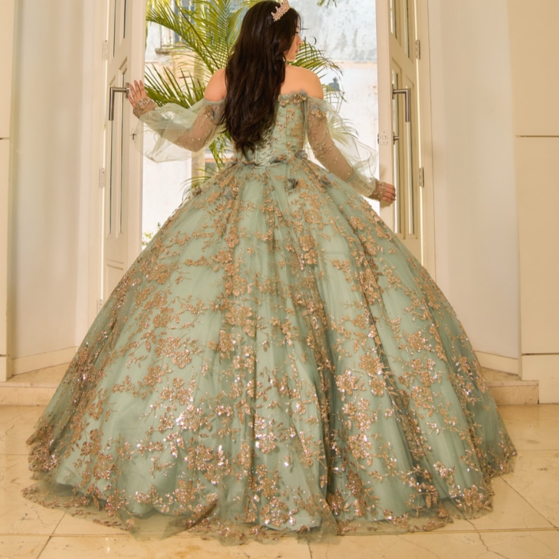 Sage Green Shiny Quinceanera Dresses Ball Gown Off The Shoulder Gold Applique Lace Beading Tull Corset Party Birthday Sweet 16 Dress Vestidos 15 Anos
