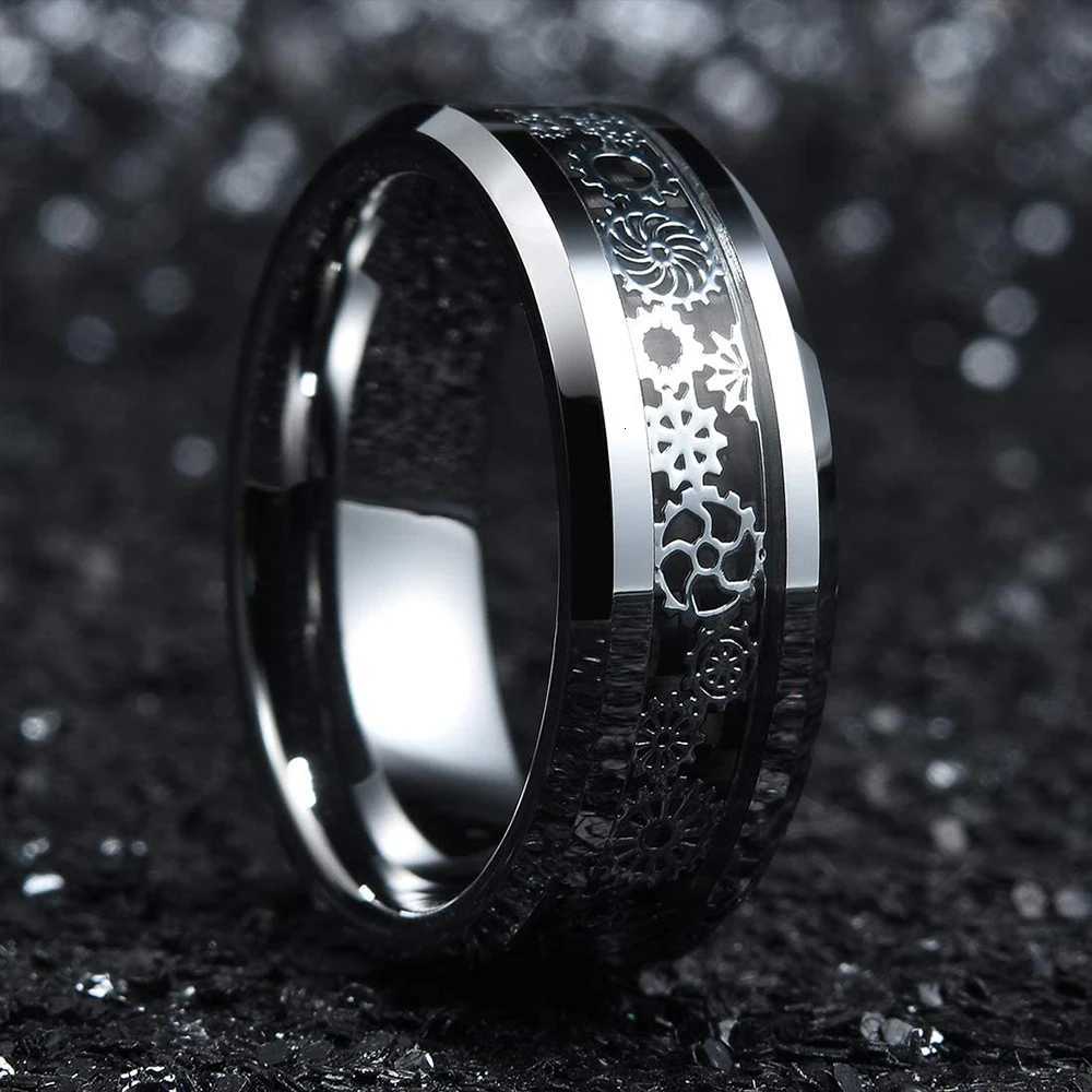 Vintage Men Steampunk Gear Wheel Stainless Steel Ring Silver Color Celtic Dragon Inlay Black Carbon Fiber Ring Mens Wedding Band S250716