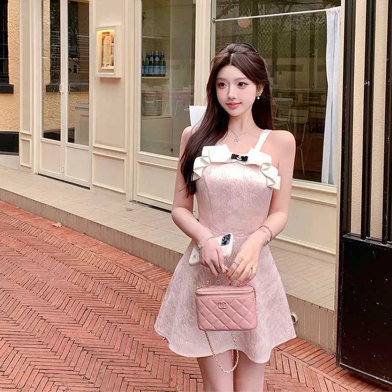 Kimotimo Sweet Jacquard Halter Birthday Dress Women Summer Fashion Bow Sequin Waist A-line Mini Dresses Luxury Party Vestidos R250716