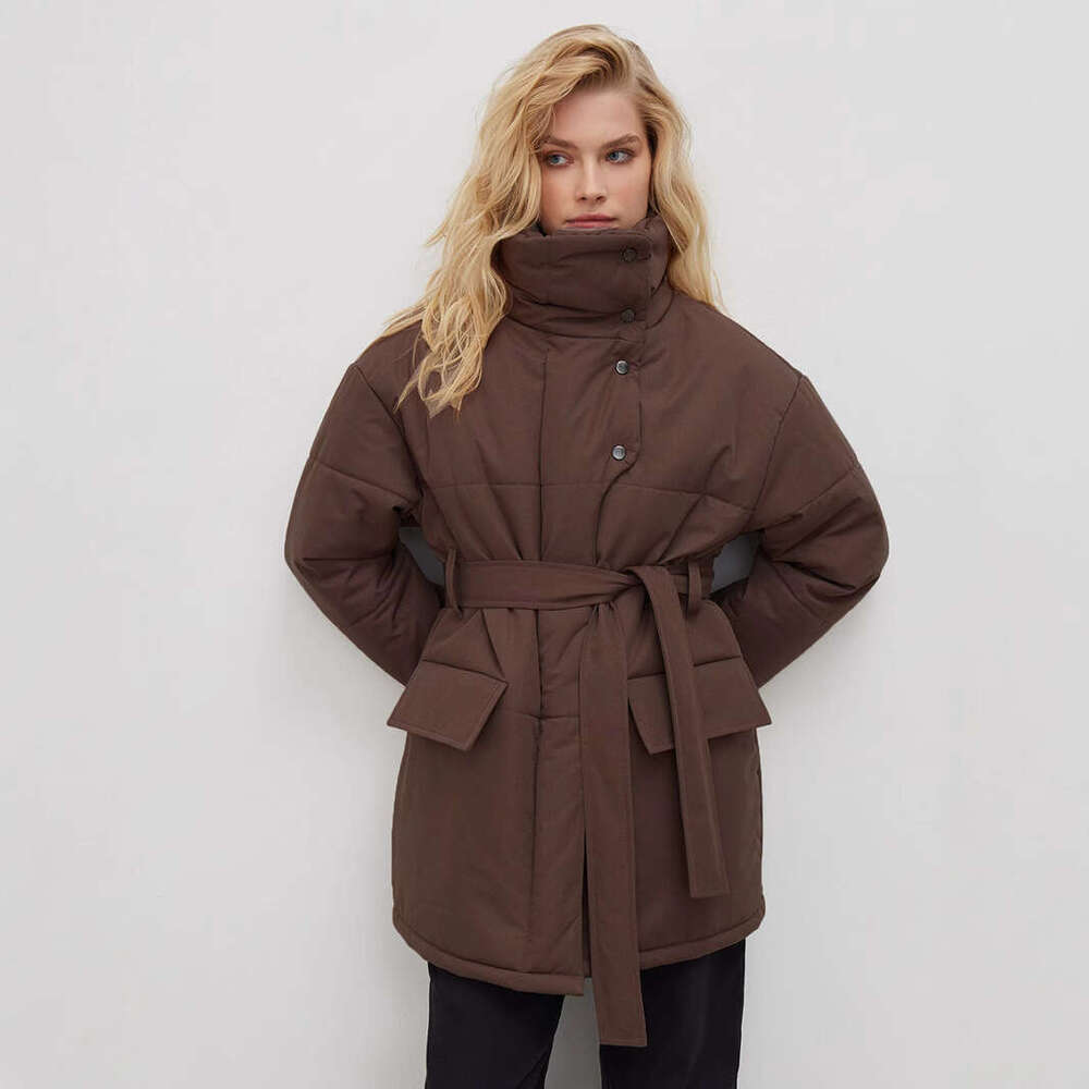 Stand Collar Autumn Winter New Style Elegant Belt Irregular Mid-Length Cotton Jacket B5