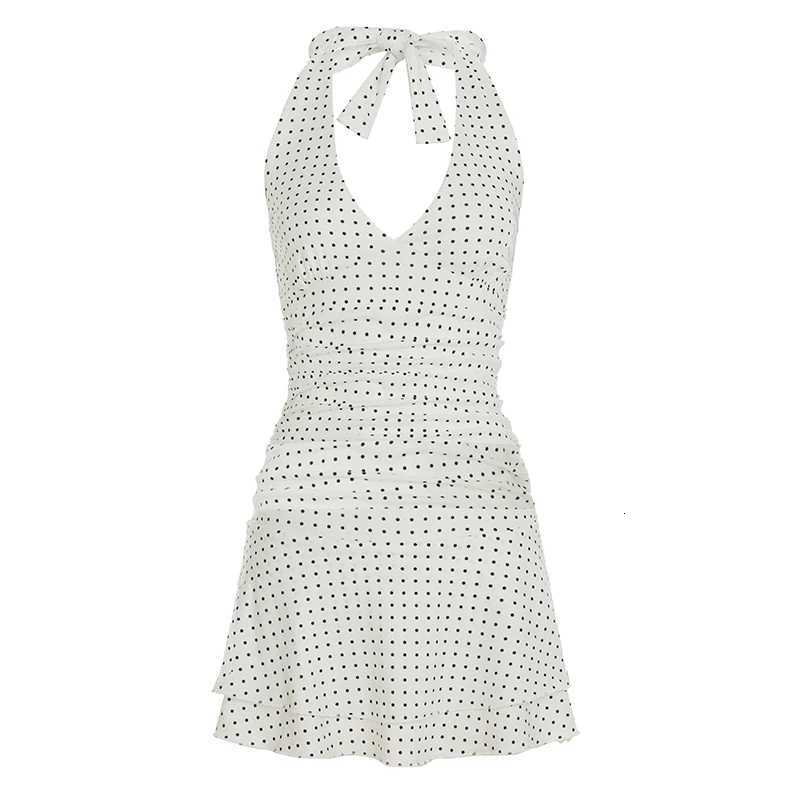 Rockmore Polka Dot Print Halter Dresses Women Sleeveless Mini Pleated Bodycon Dress Party Holiday Dating Summer Backless Sundress R250716