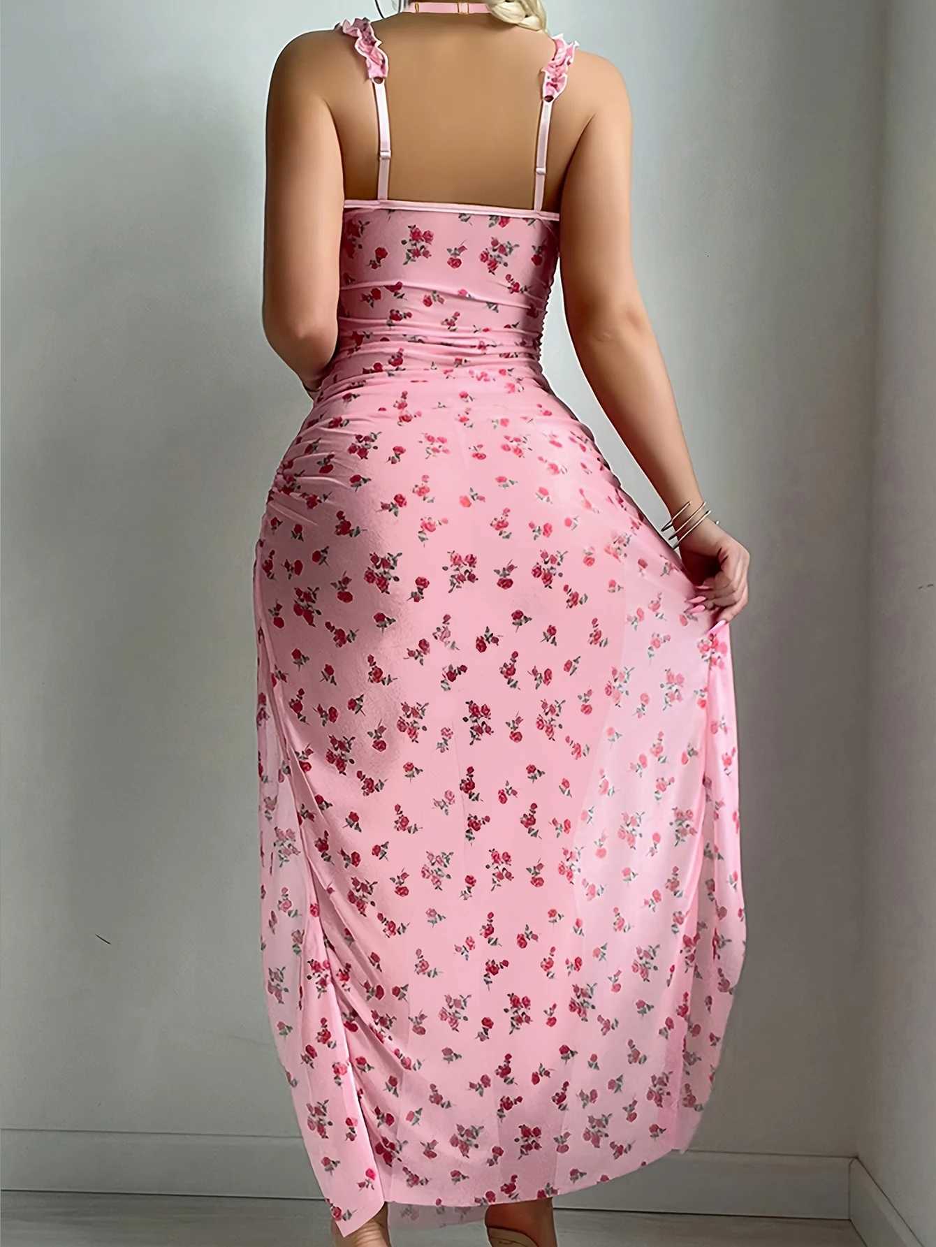 Two-piece Womens Sexy Lingerie Pink Valentines Day Long Dress Thong R250716