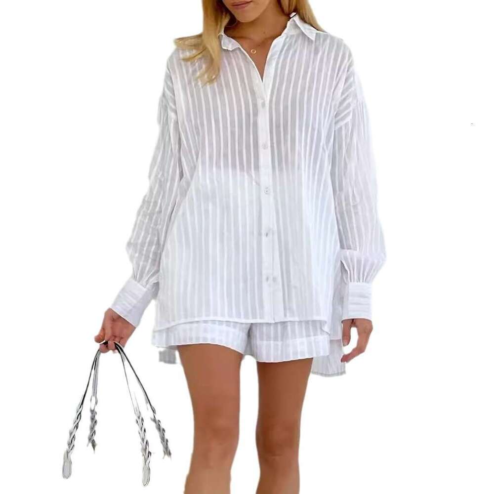 Summer New Women's White Striped Cotton Shirt And Shorts Set Casual Outfit B5