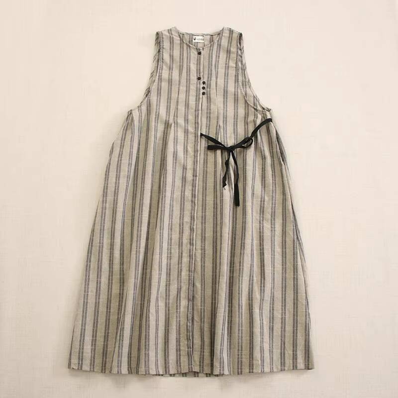 Japanese Mori Girl Asymmetry Vintage Striped Belt Tank Dress Women Summer O-Neck Sleeveless Csual Loose Cotton Midi Dresses dongdumaoyi