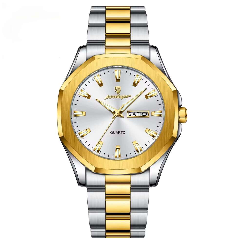 DHgargets Men's Stainless Steel Watch - 30M Waterproof Square Quartz Wristwatch with Day & Date, Business Style (Model 875)