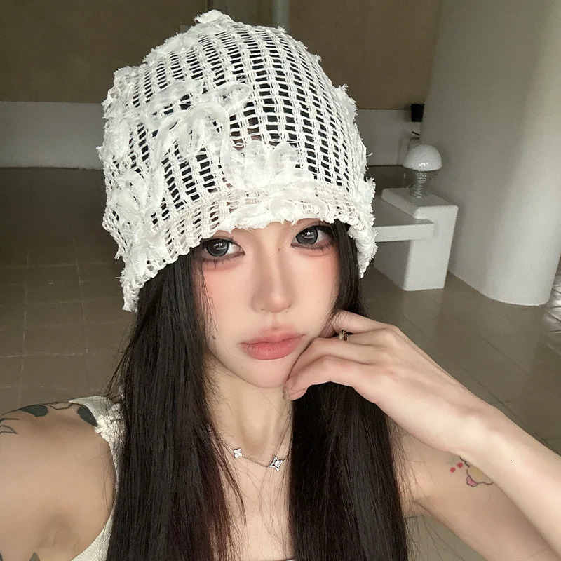 Spring Summer Korean Crochet Pullover Hat Outdoor Travel Fashionable Versatile Sweet Hollow Breathable Beanies Cap 250715