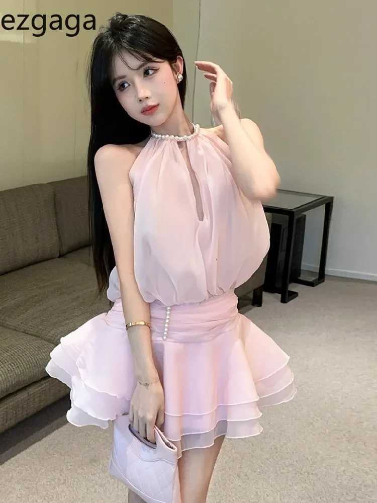 Ezgaga Mini Dresses Women Pearl Halter Sleeveless Bandage Slim Backless Hollow Out Sweet Elegant Party Dress Female Casual R250716