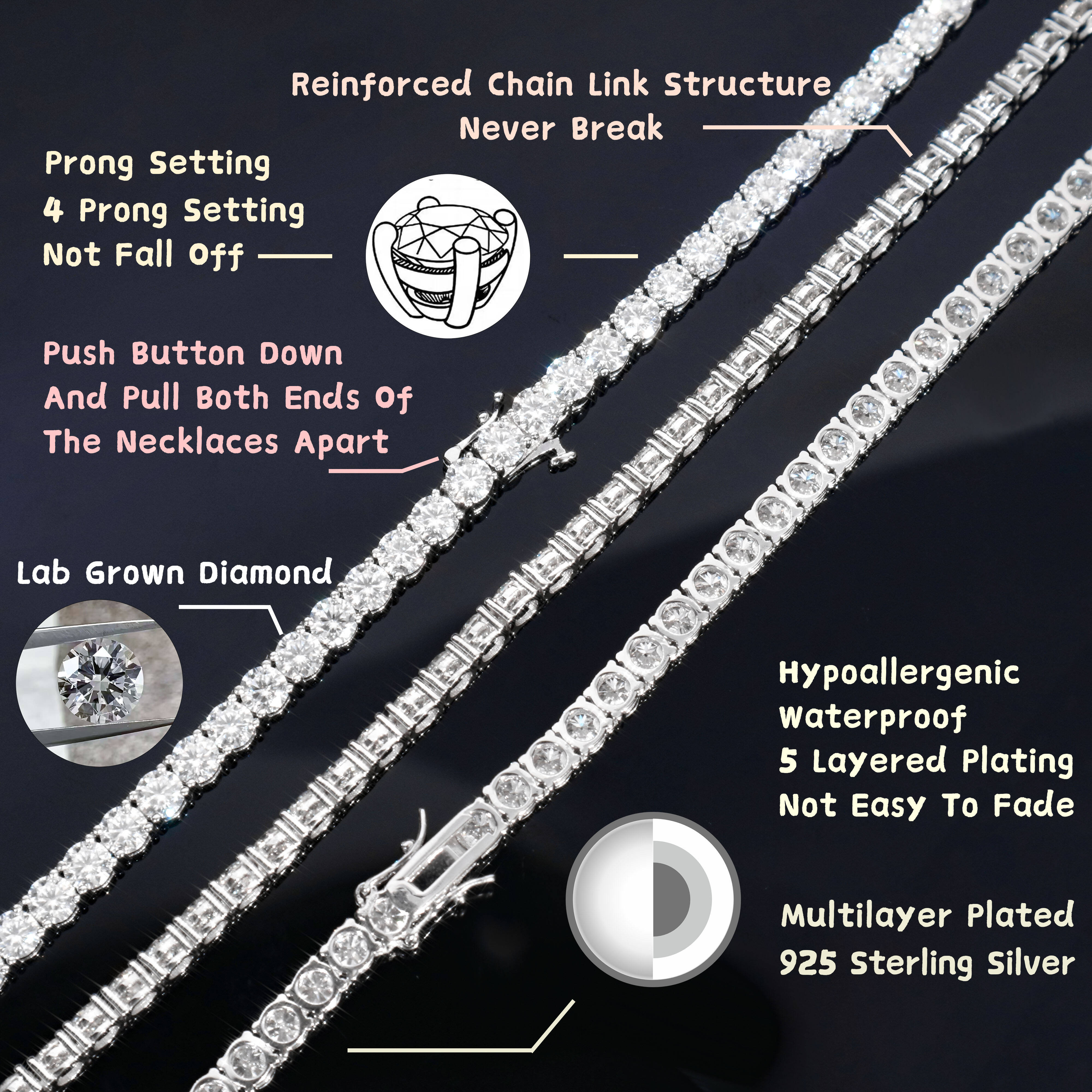 3mm Lab Grown Diamond Tennis Chain Necklace Bracelet IGI Certified 925 Silver Tennis Diamond Chain