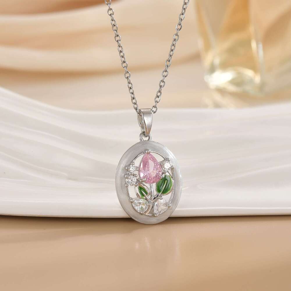 Titanium Steel Clavicle Chain Oil Drop Micro Inlaid Tulip Flower Necklace For Women Light Niche High-End Non-Fading Jewelry B08