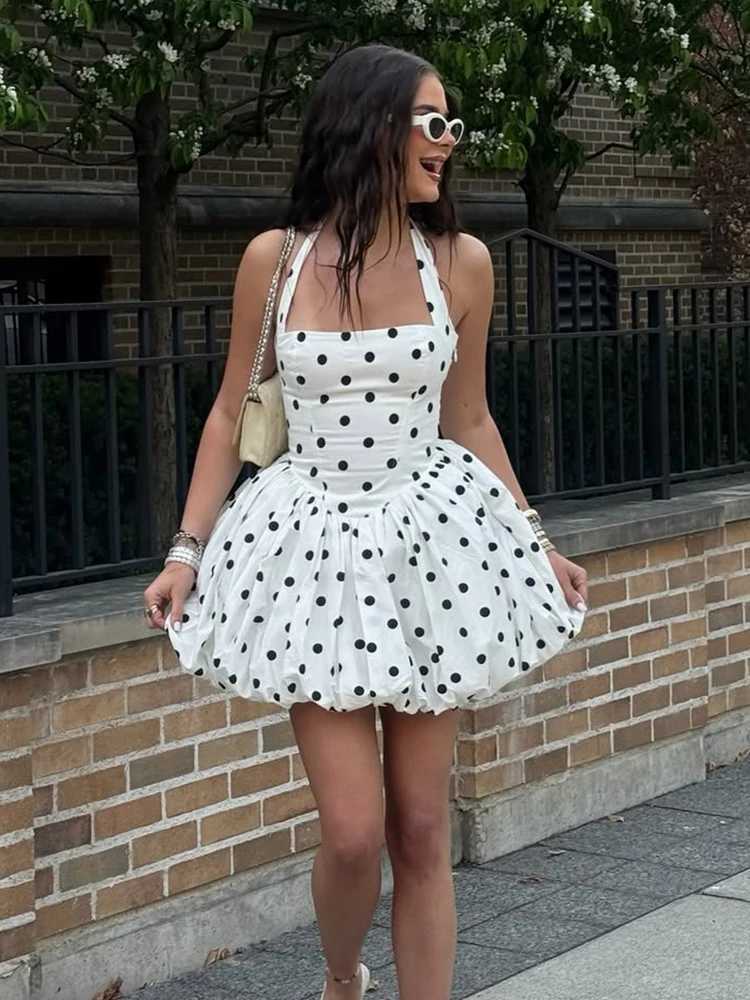 100% Cotton Polka Dot Vacation Mini Dress For Women High Waist A-line Ball Gown Dress Sleeveless Halter Neck Female Summer Fashion R250716