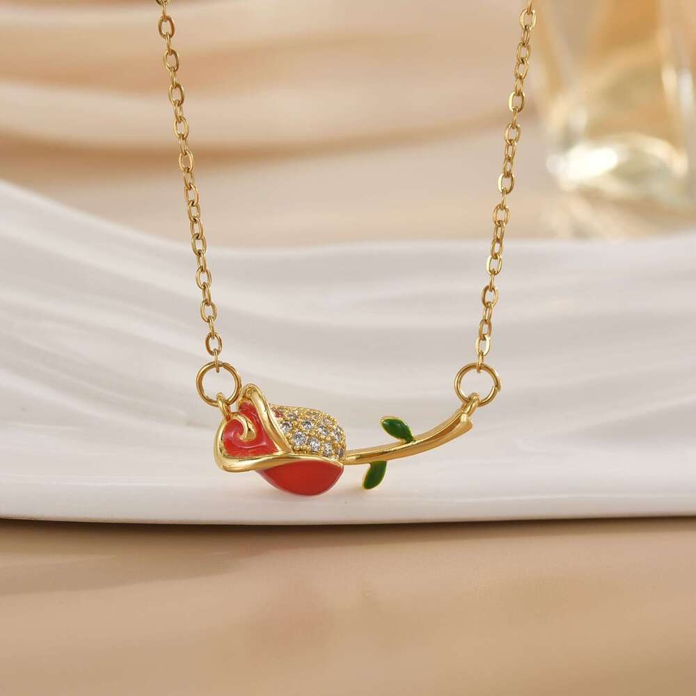 For Women Internet Celebrity Colorful Oil Drop Rose Flower Niche New Design Pendant Elegant Titanium Steel Necklace F59