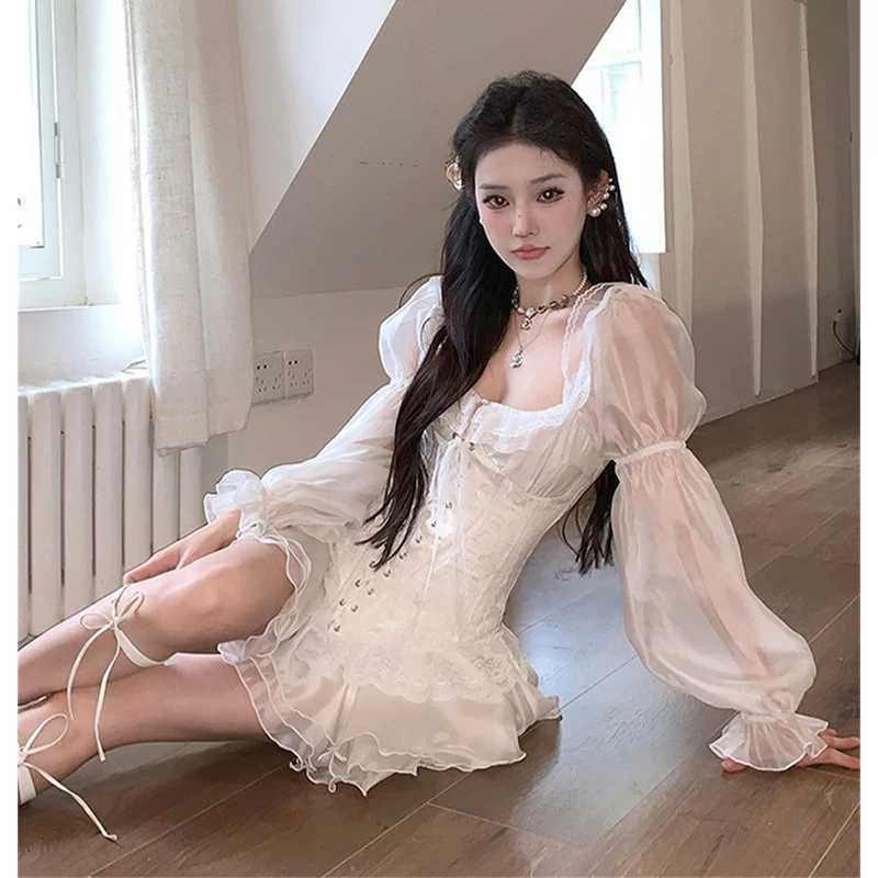 2K Ruffles White Mini Dress Women Vintage Party Bandage Corset Dresses Summer Korean Aesthetic Square Collar Bodycon Dresses R250716