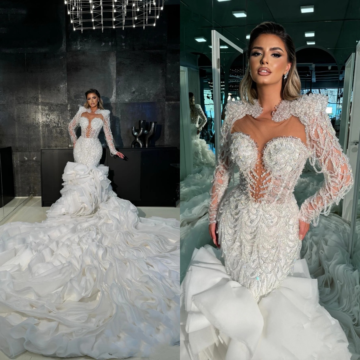 Exquisite Mermaid Wedding Dress Jewel Neck Long Sleeves Bridal Gowns Beaded Sequins Detachable Train Dresses Custom Made vestidos de novia