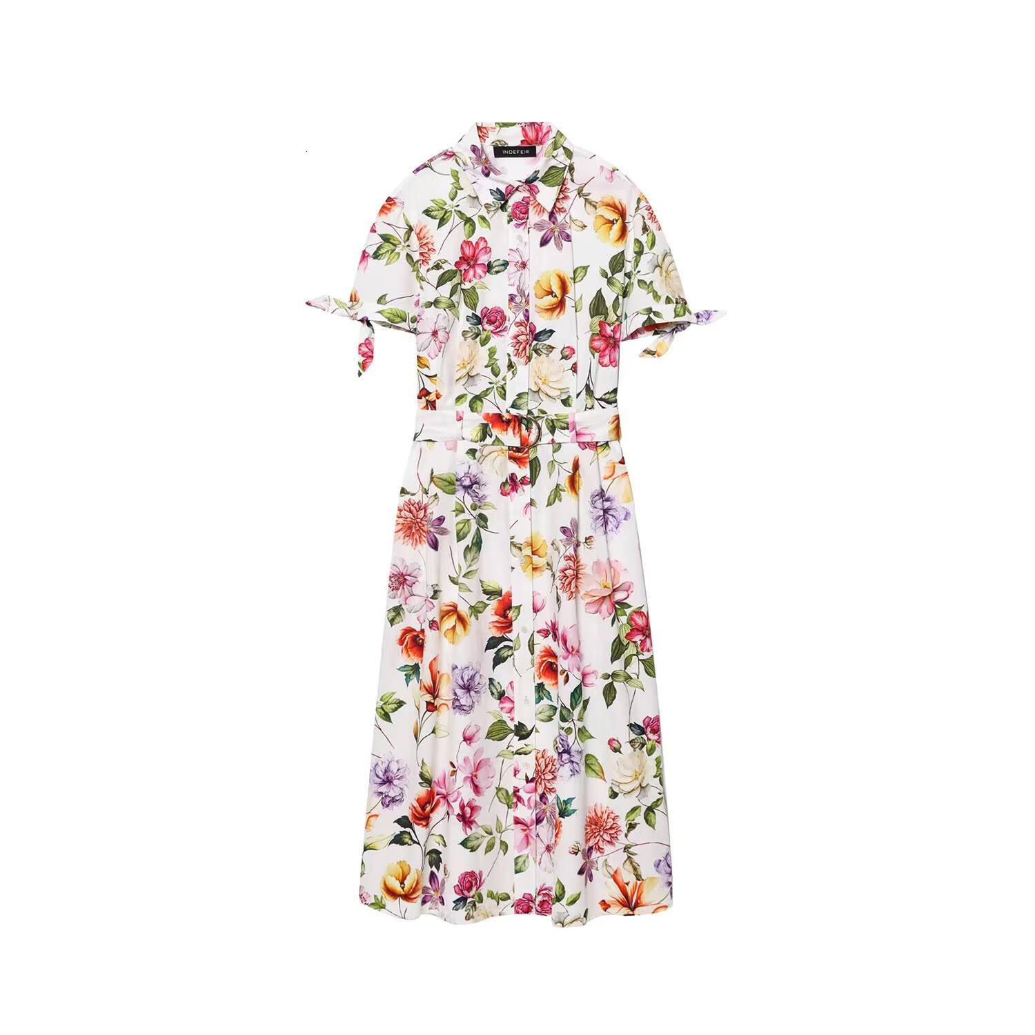 2025 Printed Short Sleeve Flip Tie Belt Temperament Summer New Style Womens Fashionable Charm Dress dongdumaoyi