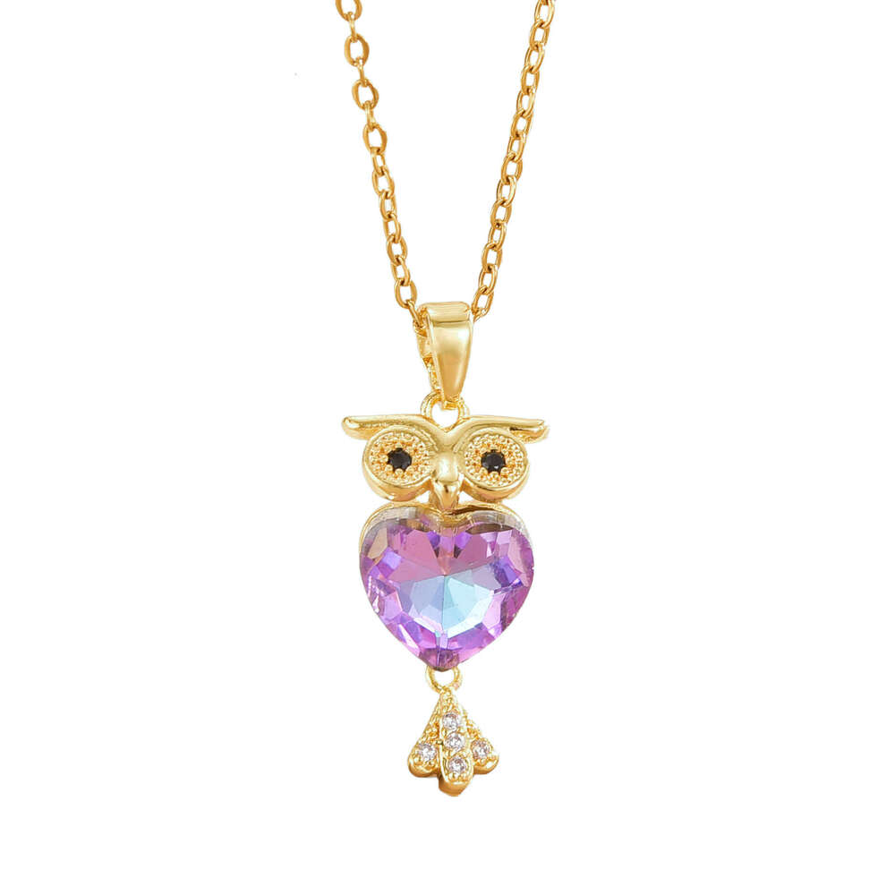 Micro-Inlaid Full Zircon Crystal Owl Pendant Necklace Titanium Steel Non-Fading Collarbone Chain B5a
