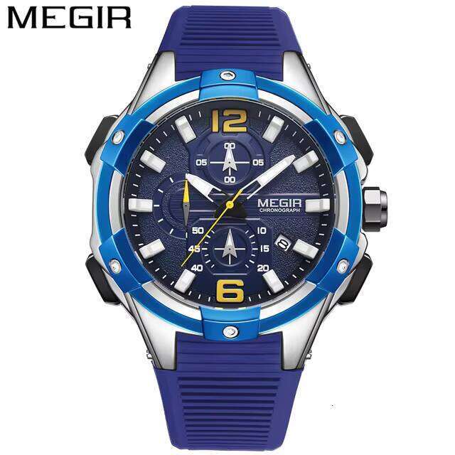 DHwatches MEGIR 2161 Big Dial Watch for Men Silicone Strap Multifunction Chronograph Quartz Solar Watches Waterproof Sport Luminous Date