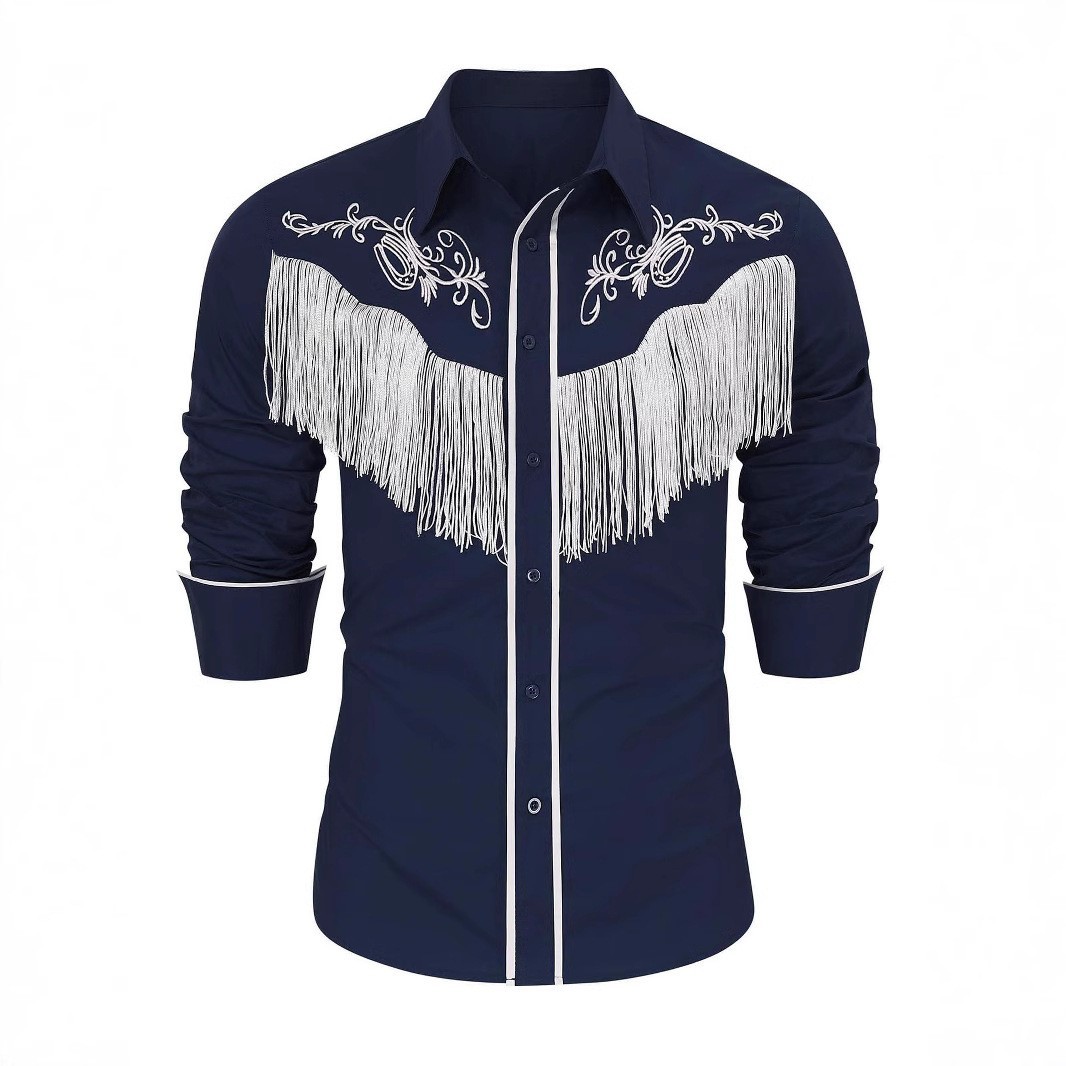 2025 Autumn/Winter American Men's Western Cowboy Tassel Embroidered Flower Shirt Long Sleeve Pure Cotton Cardigan