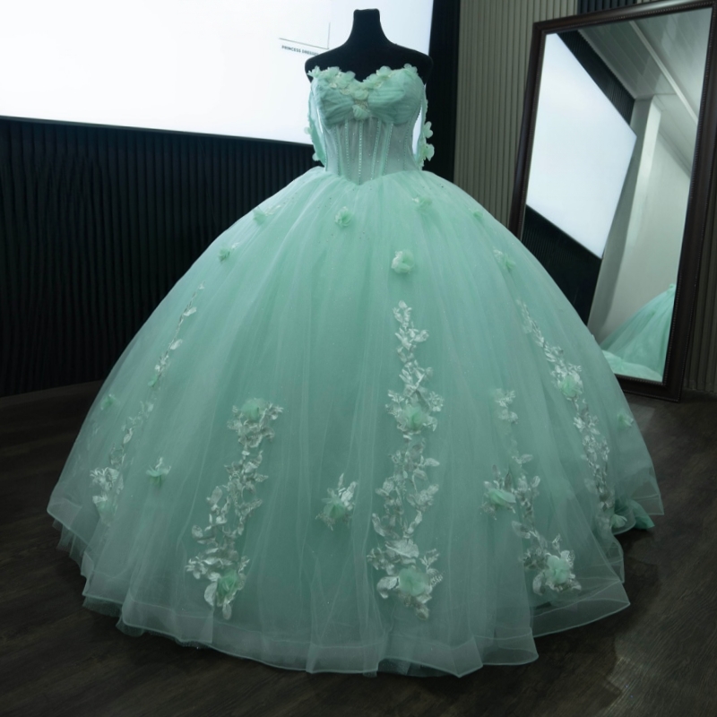 Mint Green Shiny Quinceanera Dresses Ball Gown Off The Shoulder Applique Flower Beads Tull Corset Party Birthday Sweet 16 Dress vestidos de 15 anos