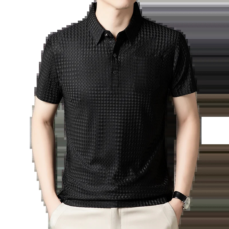 Elastic Mens Summer Ice Silk Short-sleeved T-shirt Middle-aged Dad Wear Lapel Polo Shirt Cool Top Clothes 250716