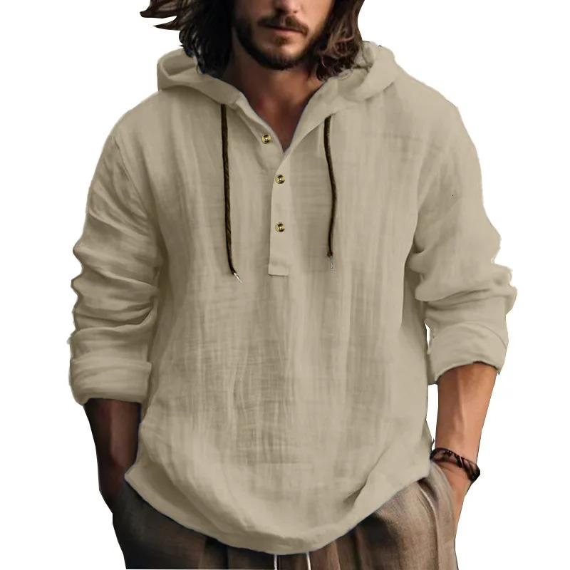 24 cotton and linen shirts hooded loose large size casual sweater long sleeve hoodie men 250716
