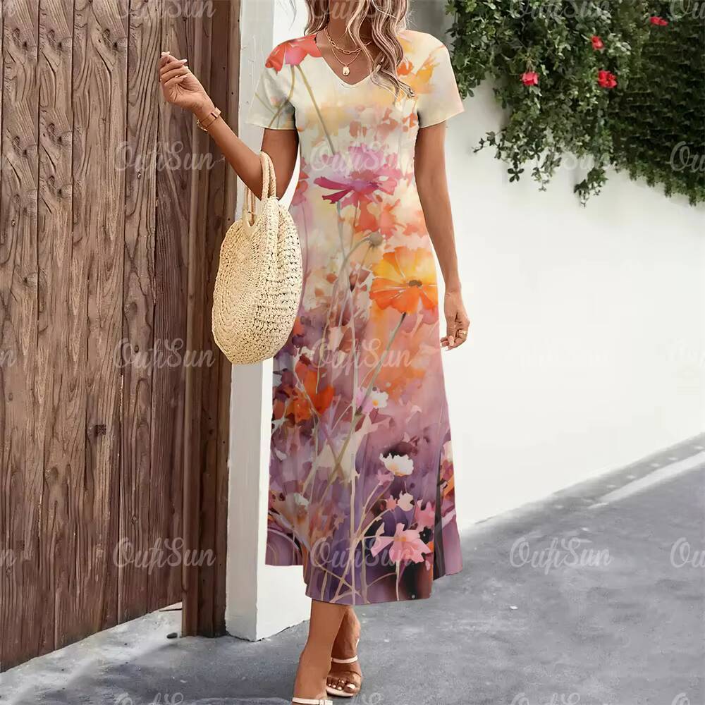 2024 New Womens Floral Print Summer Elegant Midi Dresses Vacation Feamle Dress Fashion Oversized Clothes Plus Size dongdumaoyi