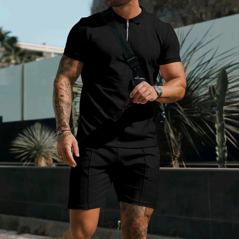 Summer Mens Suit Fashion Printing Lapel Zipper 2 Piece Set Short-sleeved T-shirt and Shorts Sportswear Beach Suit 250715