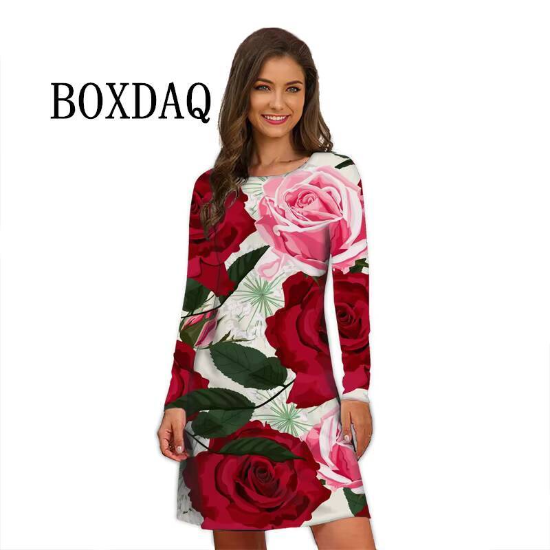 Flower Power Women Retro Hippie 60s Elegant Long Sleeve Loose Casual Fashion Oversized Autumn Woman Print Mini Dress dongdumaoyi