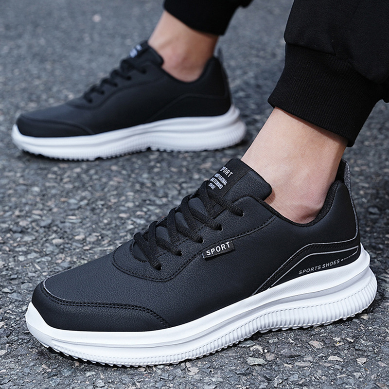Men's Outdoor Leather Running Shoes - Black Casual Sporty Trainers 4 75be5