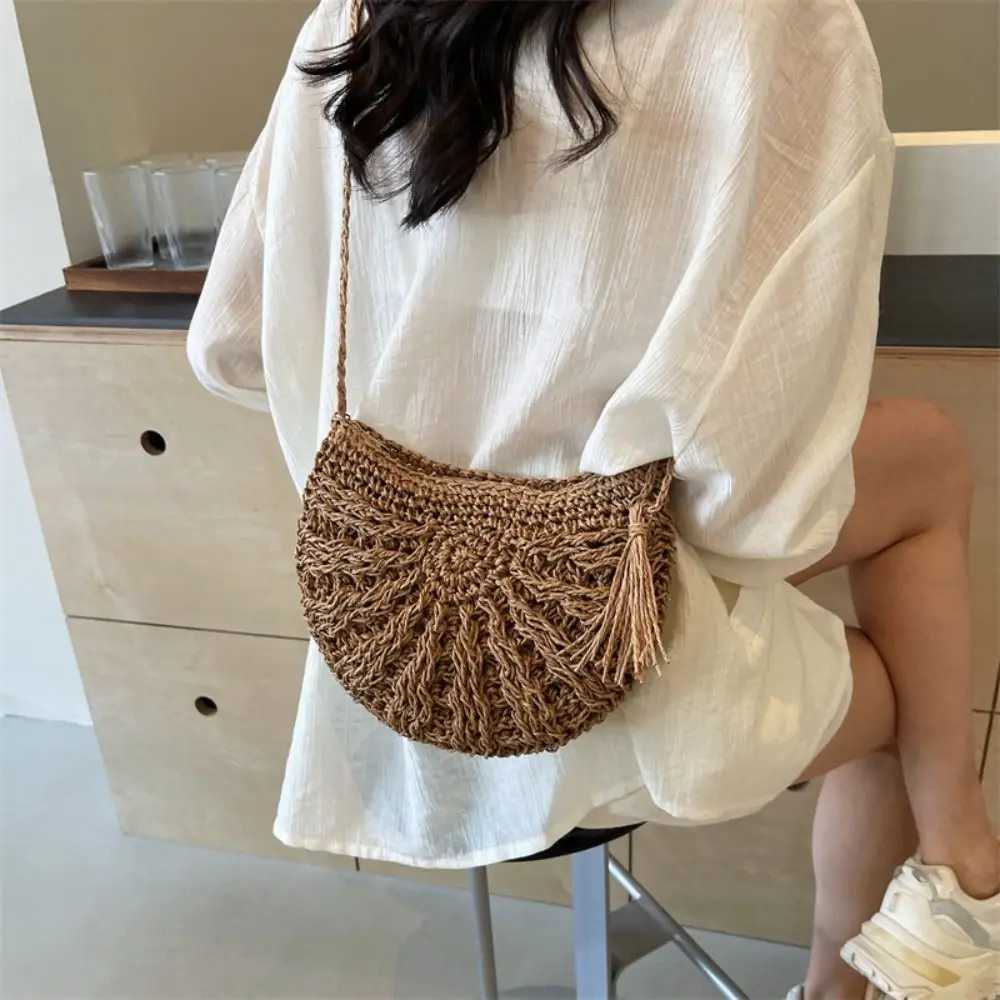 Trendy Half-round Weave Bag Handmade Hollow Woven Shoulder Bag Tassel Boho Womens Crossbody Bag Travel