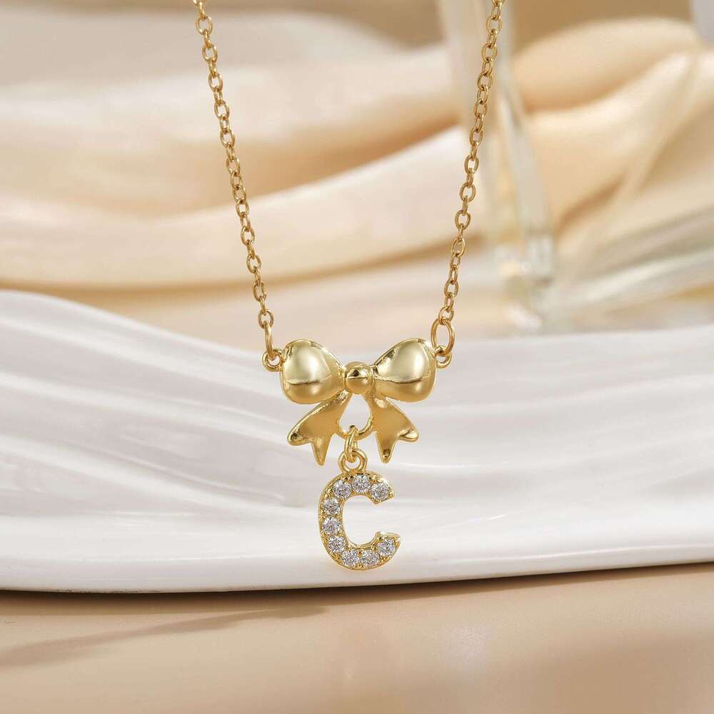 Minimalist 26 Letters Inlaid Zircon Bowknot Necklace For Women, Simple And High-End Titanium Steel Jewelry, Non-Fading B85