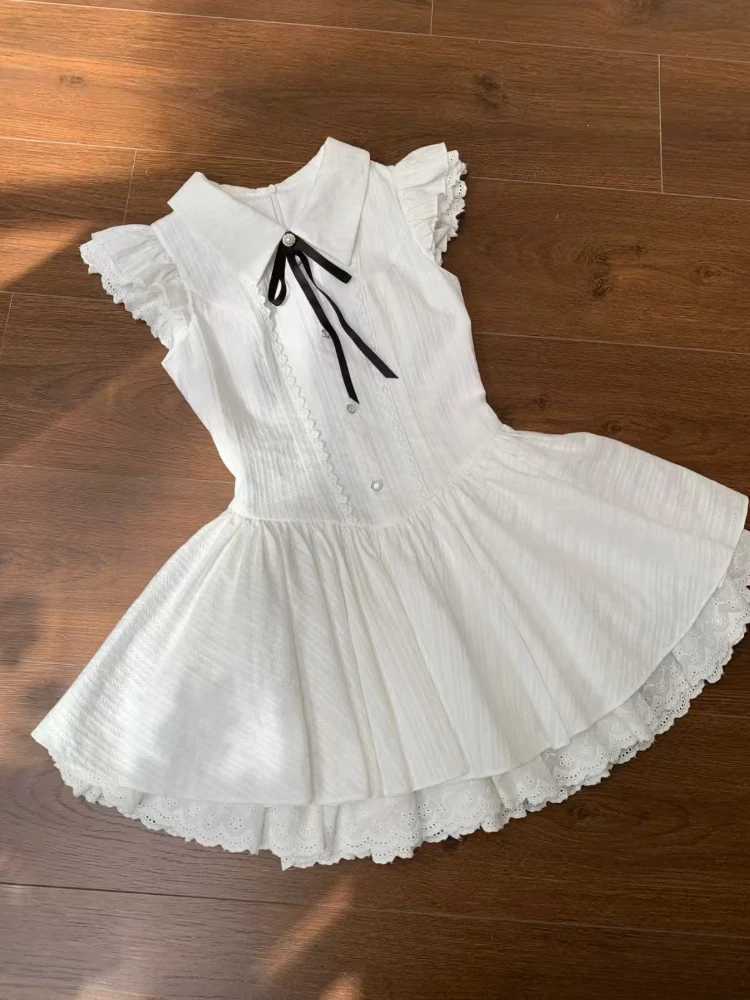 Summer France Elegant Lapel Slim White Dress Women Design Sweet Lace Bow Preppy Style Dresses Fashion Thin New Short Dresses R250716