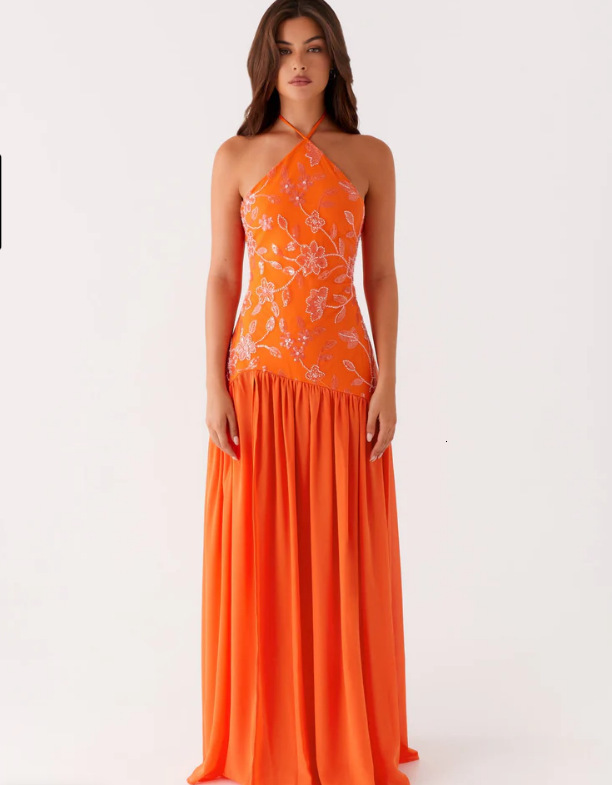 2025 New Cross-Border Women's Clothing Beaded Sequin Chiffon Patchwork Halter Neck Split Sexy Slim Dress