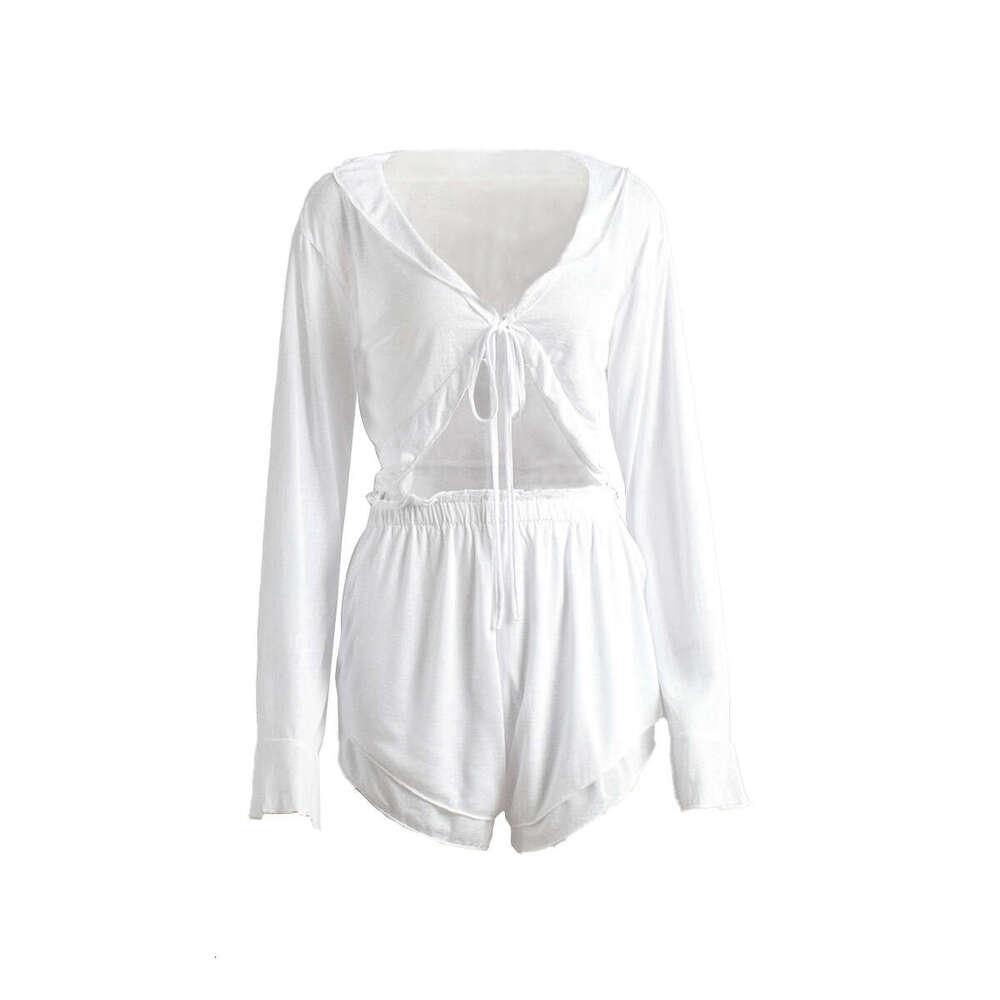 Lace-Up Cardigan Shorts Pajama Set Summer New Knitted Pajamas Comfortable Loungewear For Women B5