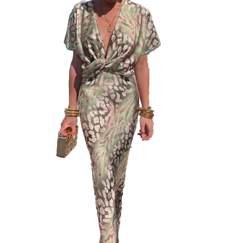 2025 European and American Foreign Trade Independent Station Women's Fashion Tight-Fitting Printed Twist Mid-Waist Sexy V-Neck Spring Dress