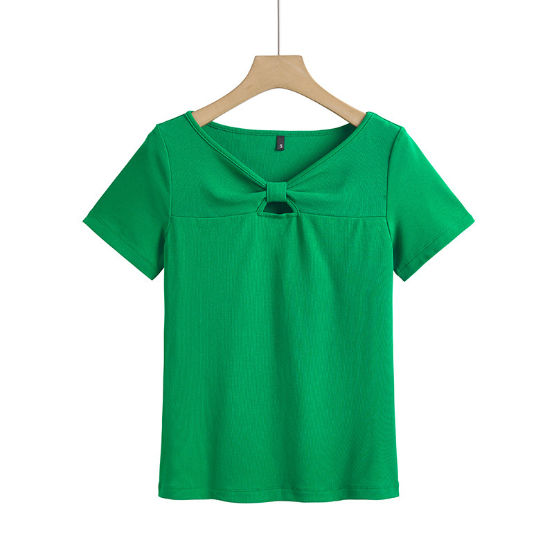 Summer New Women S T Shirt Hollow Chest Bow Sweet Korean Style Slim Fit Cotton Short Sleeve Women S T Shirt Fashion Regular Shoulder Half Sleeve Top N