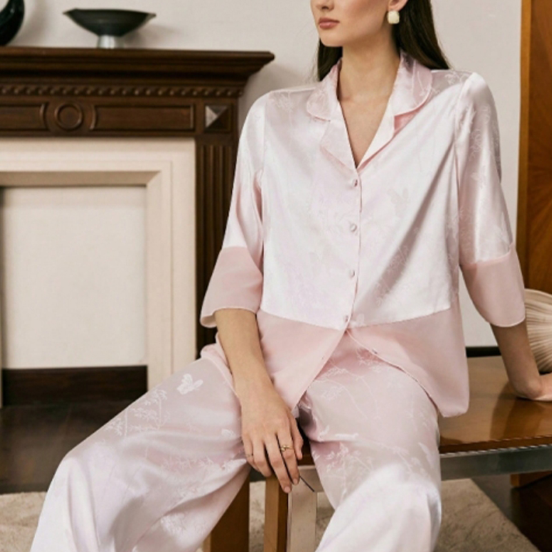 2025 New Women's Spring/Summer Silk Satin Pink Bamboo Butterfly Short-Sleeved Long Pants Pajama Set Homewear
