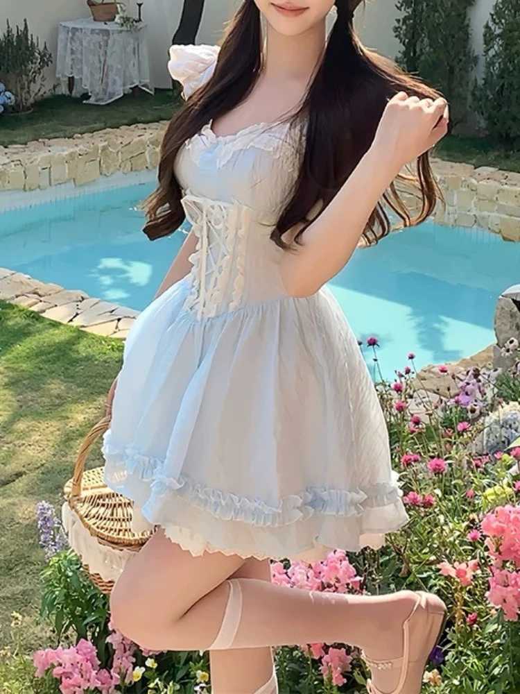 Korean Sweet Lace Stitching Fit Chic Dress Women New Harajuku Kawaii Fairy Slim Summer Dresses Aesthetic Fashion Lovely Outfit R250716