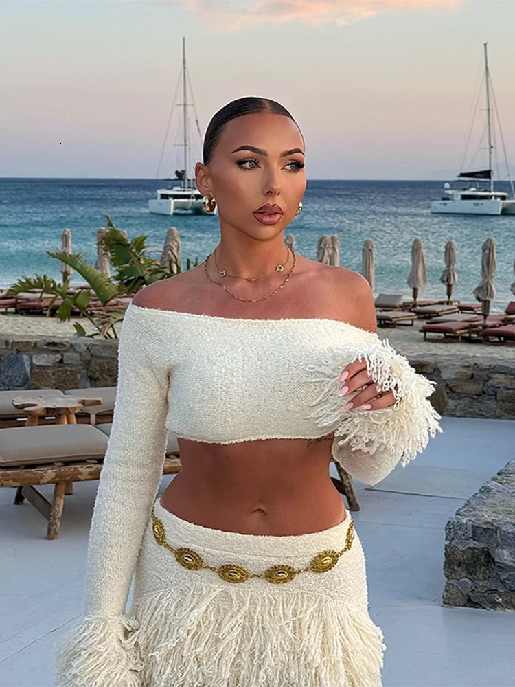 Elegant Tassel Knitted Skirt Set Women Off Shoulder Long Sleeve Crop Top Hip Package Mini Skirts Suit Summer Beach Lady Outfits 250715