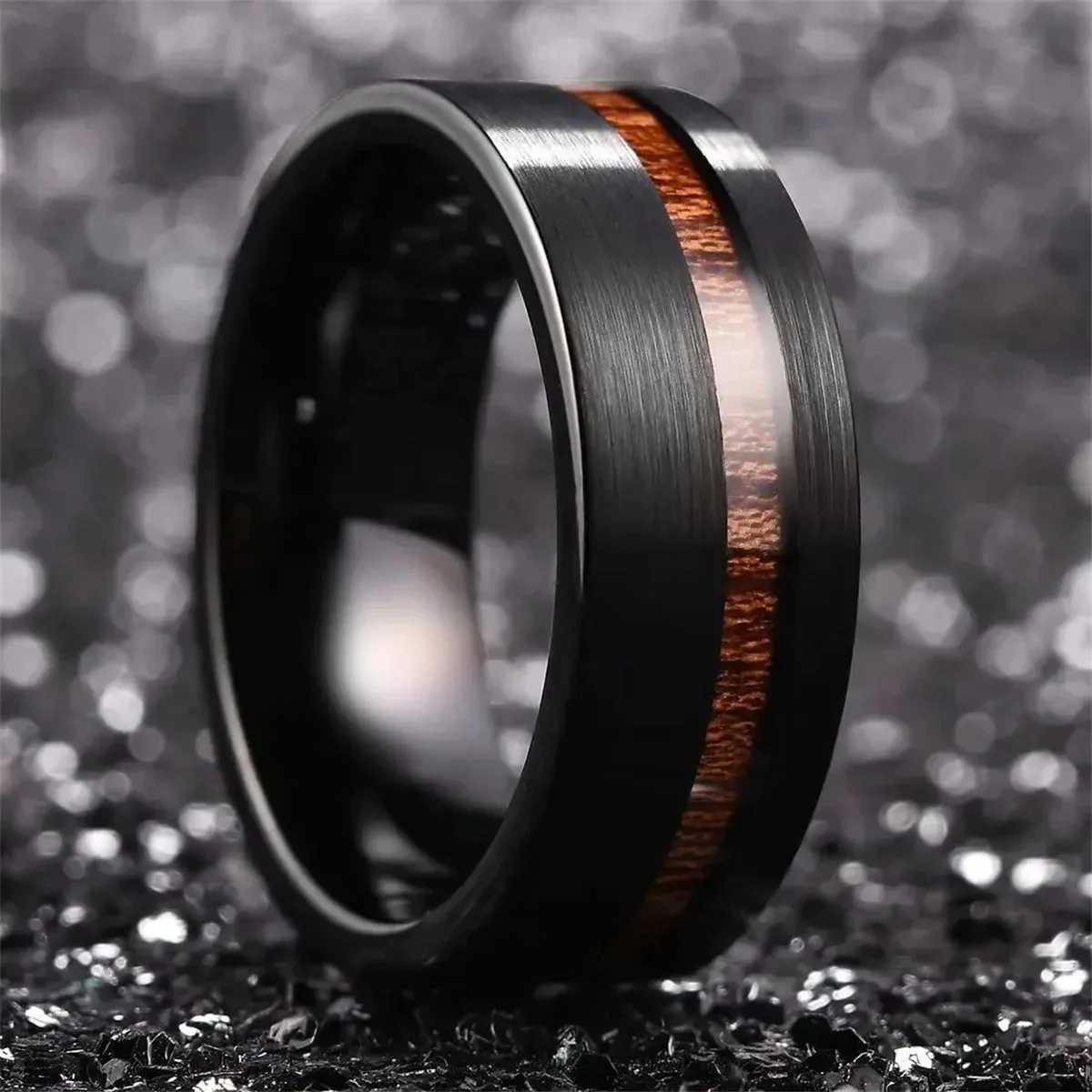 Fashion 8mm Black Men Stainless Steel Rings Black Brushed Koa Wood Rings for Men Women Wedding Engagement Jewelry Birthday Gifts S250716