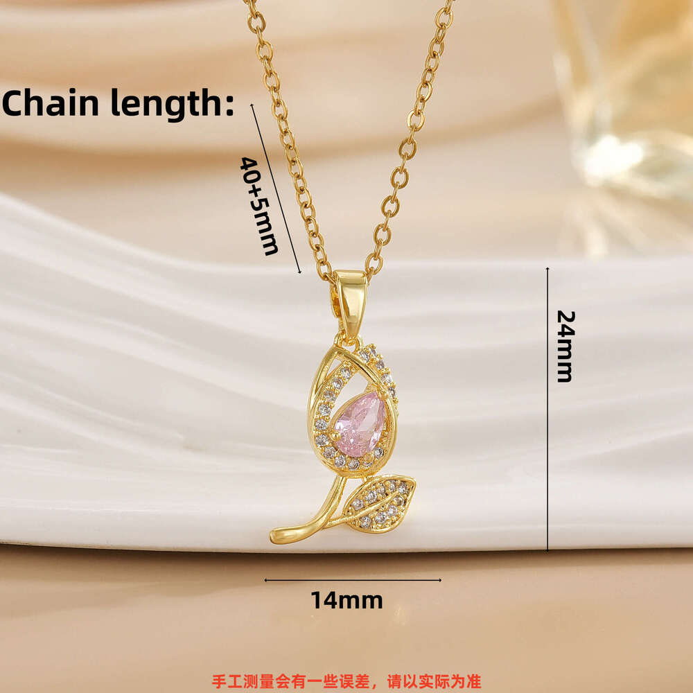 Necklace For Women Copper Gold Plated Colorful Zircon Tulip Niche Design Ins Versatile High-End Titanium Steel Accessories 29B