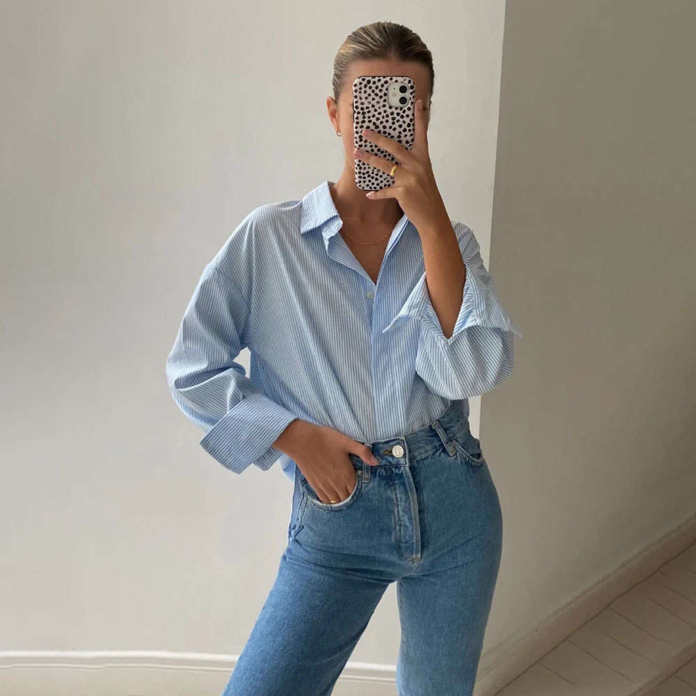 Shirt Summer New Simple High-End Hidden Button Long Sleeve Striped Cardigan B5